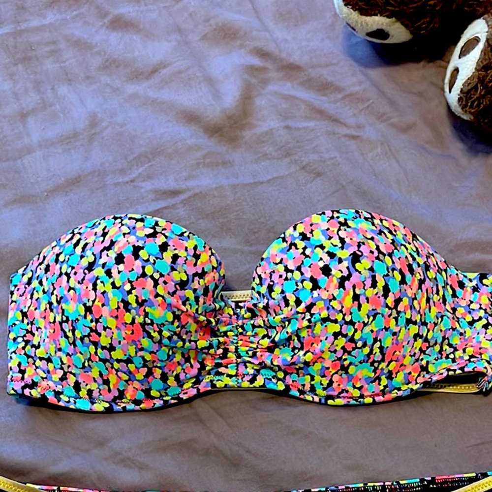 Swim bandeau top with metallic gold straps